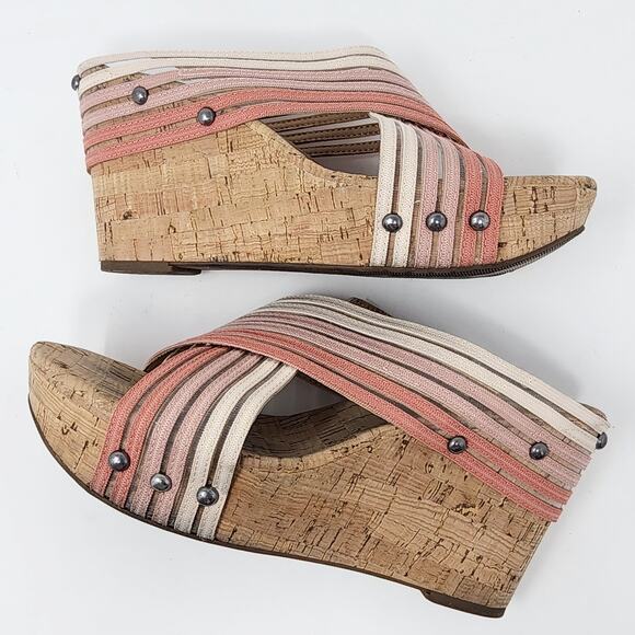 Lucky Brand Wedge Sandals Women 7.5M Kayla Pink Canyon Clay Ombre Stripe Cork - Picture 8 of 10